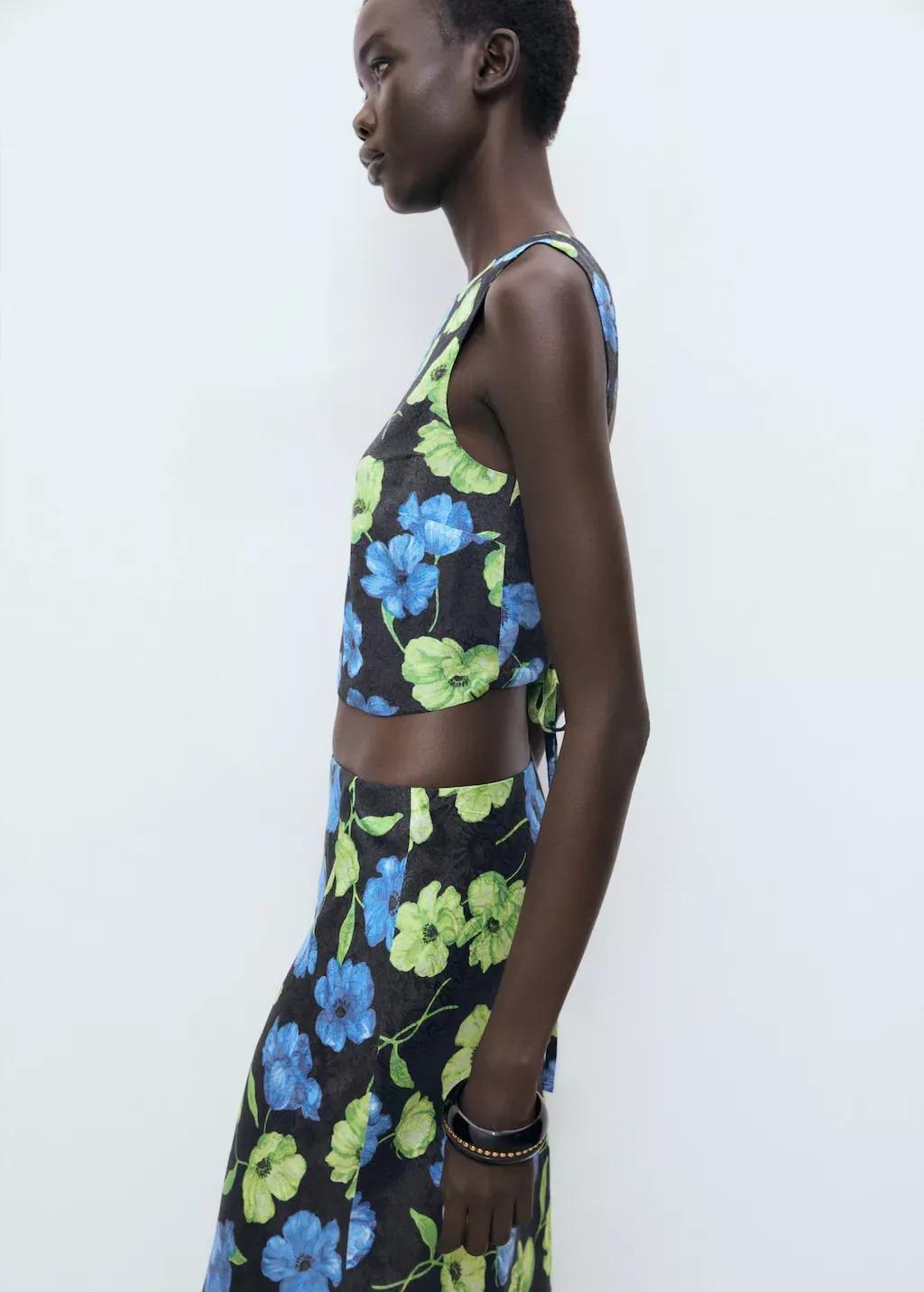 Black Floral-Print Long Skirt, Black, medium