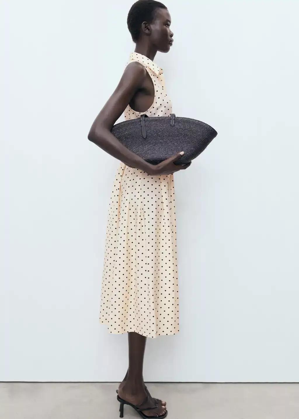 Beige Polka Dot Shirt Dress, Light Beige, large image number 3