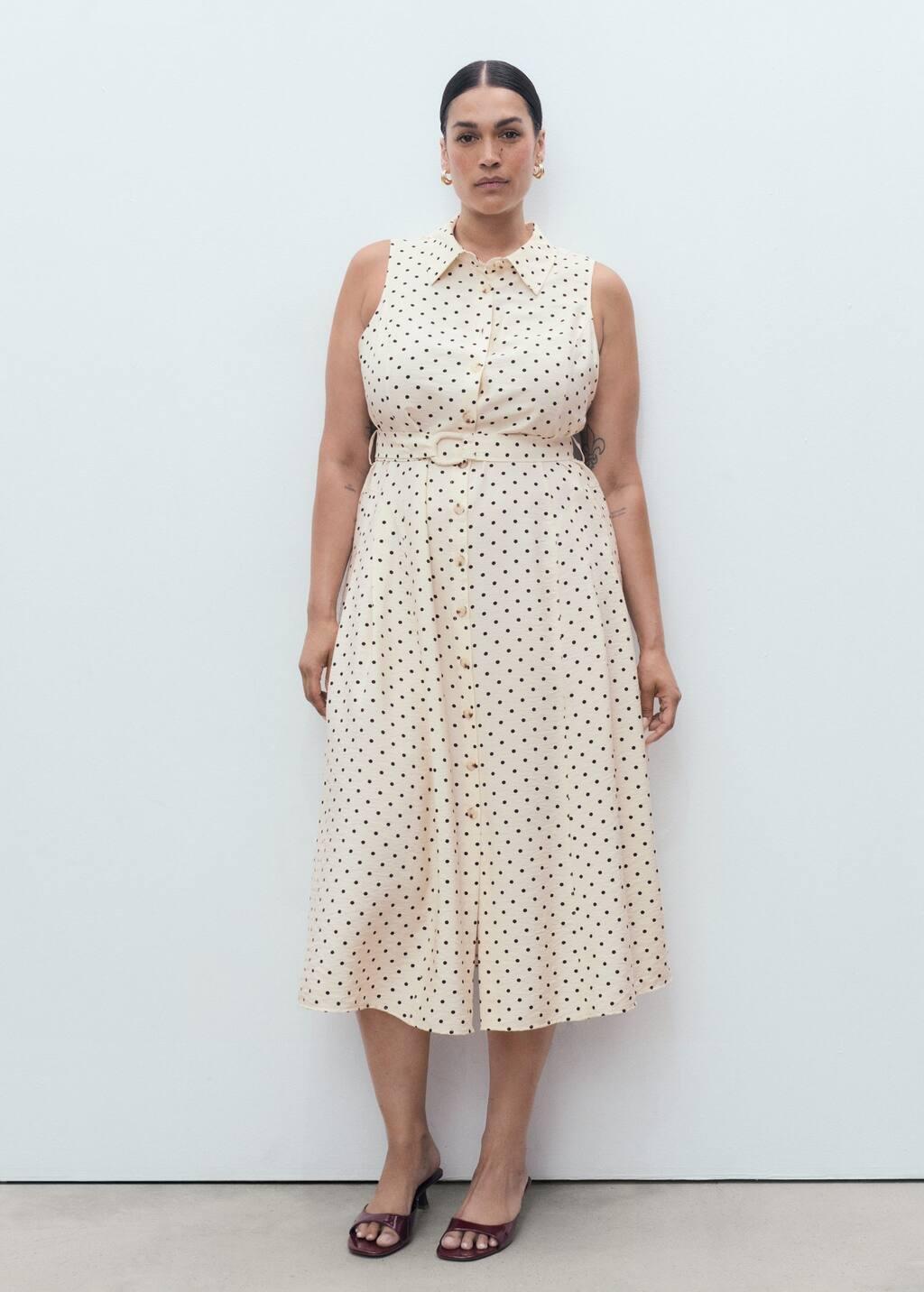 Beige Polka Dot Shirt Dress, Light Beige, large image number 5