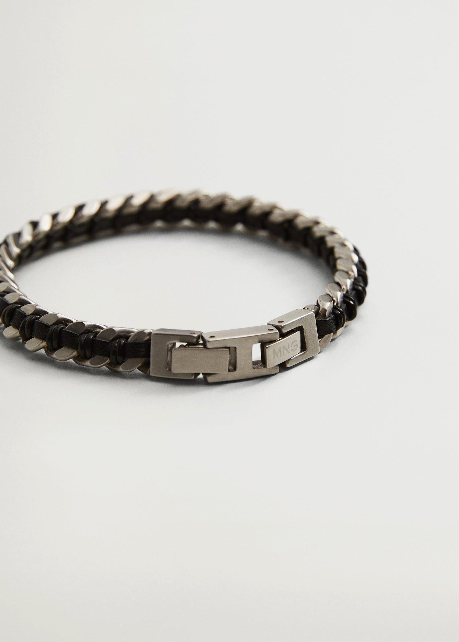 Silver Leather Stainless Steel Mixed Bracelet, Men, , large image number 2