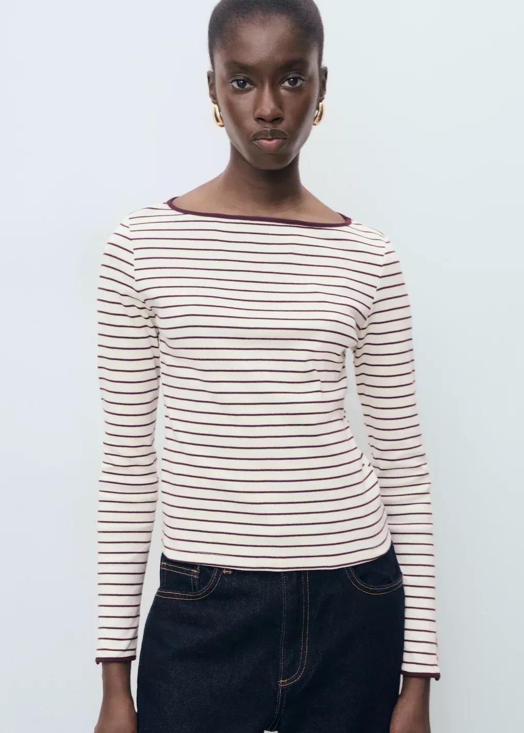 Burgundy Striped Cotton T-Shirt With Buttoned Cuffs, , large image number 3