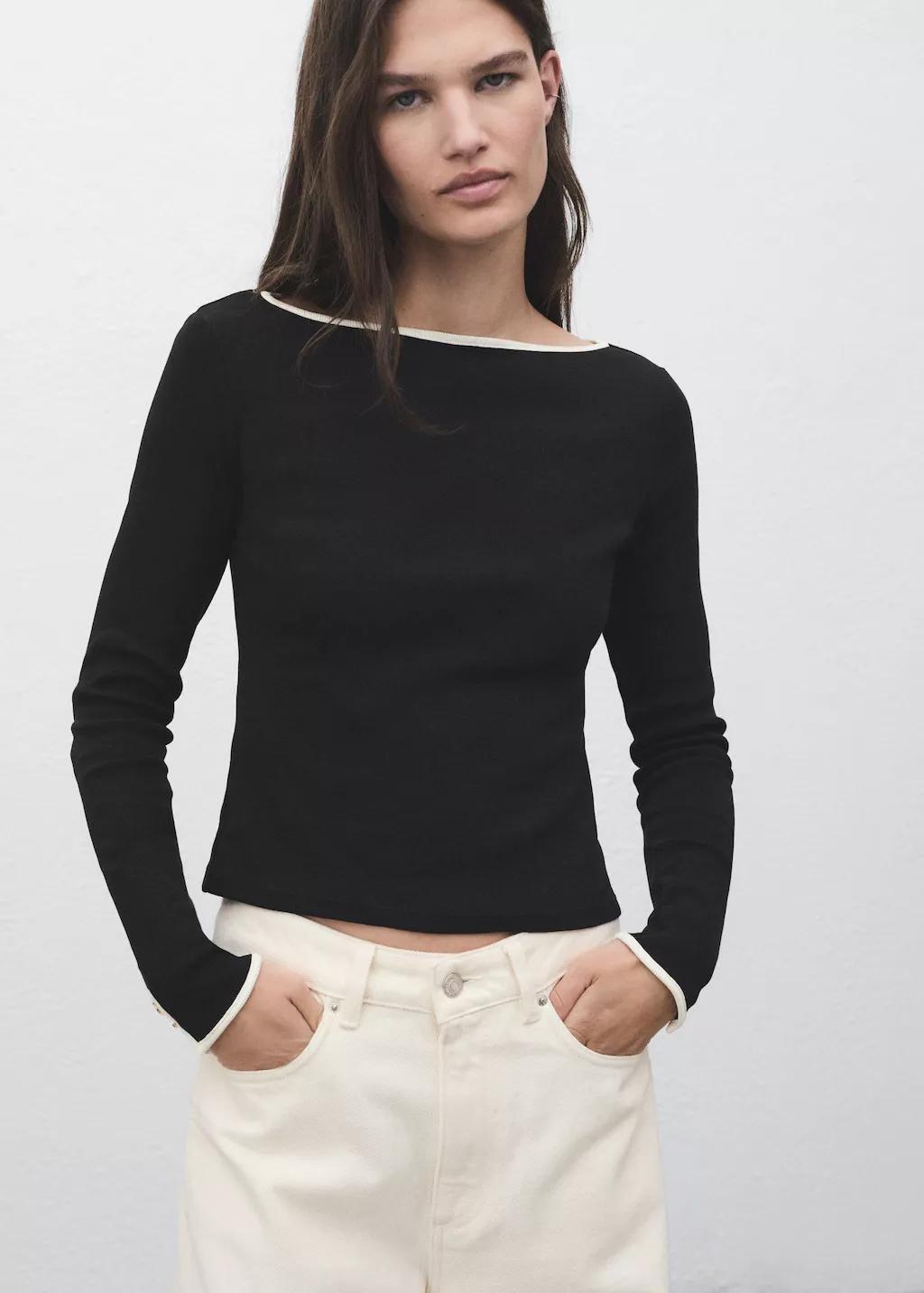 Black Striped Cotton T-Shirt With Buttoned Cuffs, , large image number 6