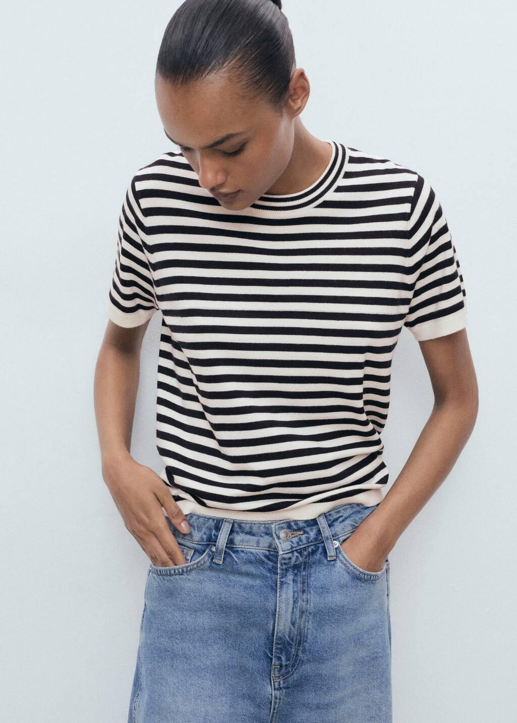 Navy Striped Short-Sleeved Sweater, , large image number 1