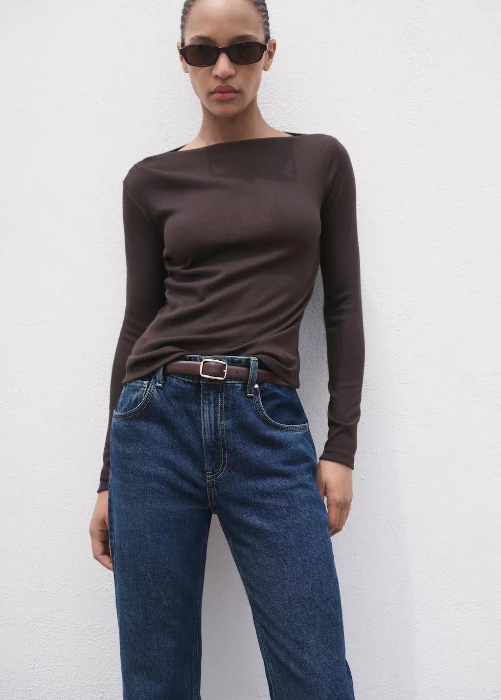 Brown Long-Sleeved Boat Neck T-Shirt, , large image number 1