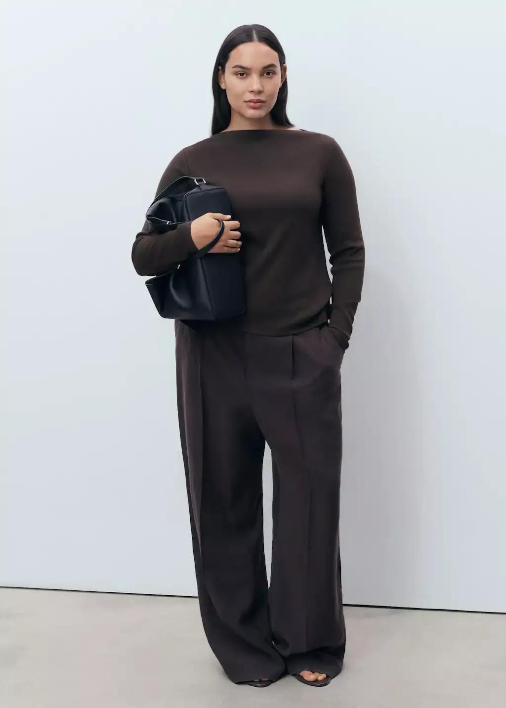 Brown Long-Sleeved Boat Neck T-Shirt, , large image number 5