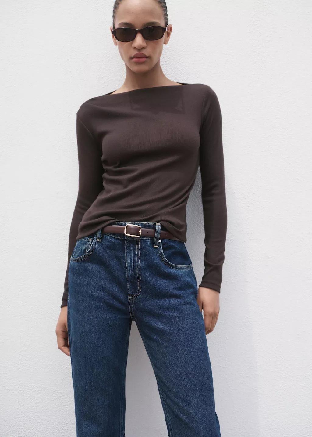 Brown Long-Sleeved Boat Neck T-Shirt, , large image number 6