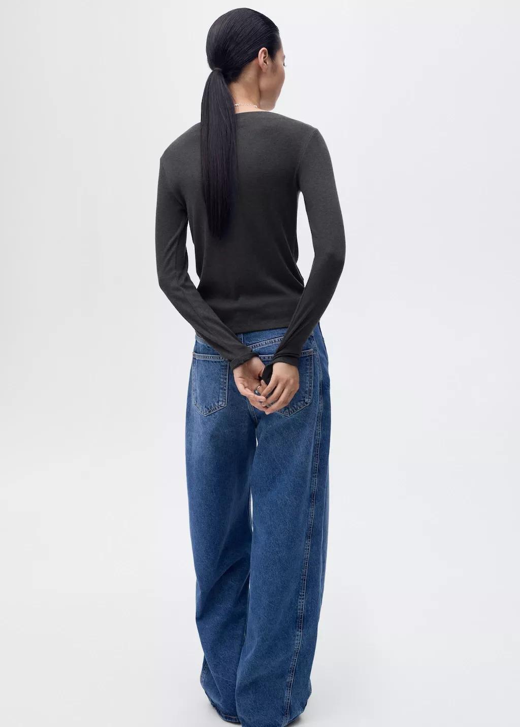 Grey Long-Sleeved Boat Neck T-Shirt, , large image number 4