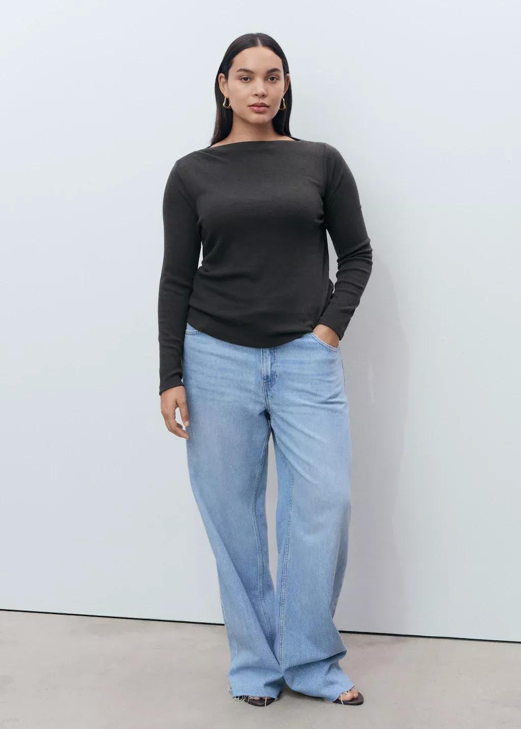 Grey Long-Sleeved Boat Neck T-Shirt, , large image number 5