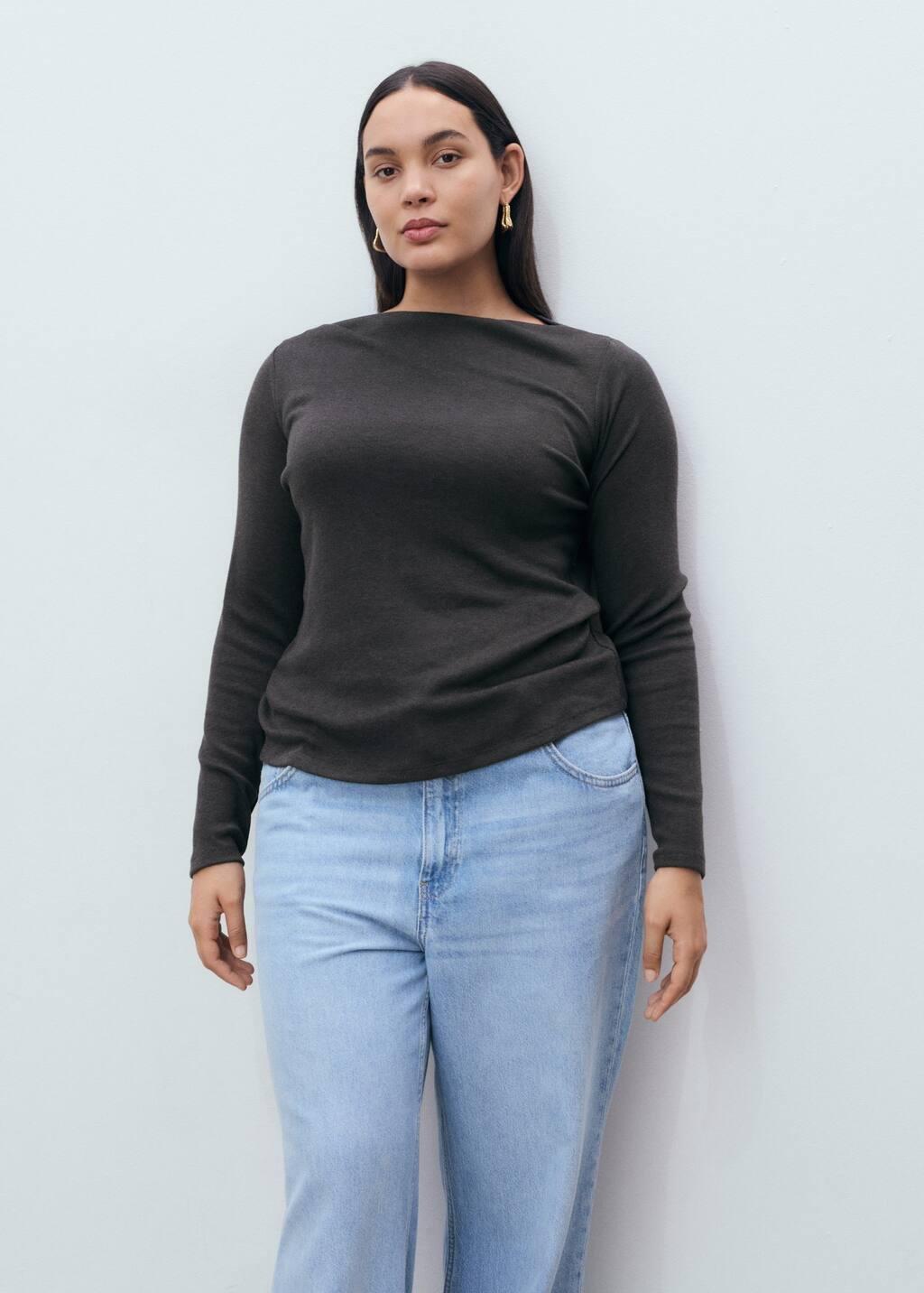 Grey Long-Sleeved Boat Neck T-Shirt, 0201_95, large image number 11