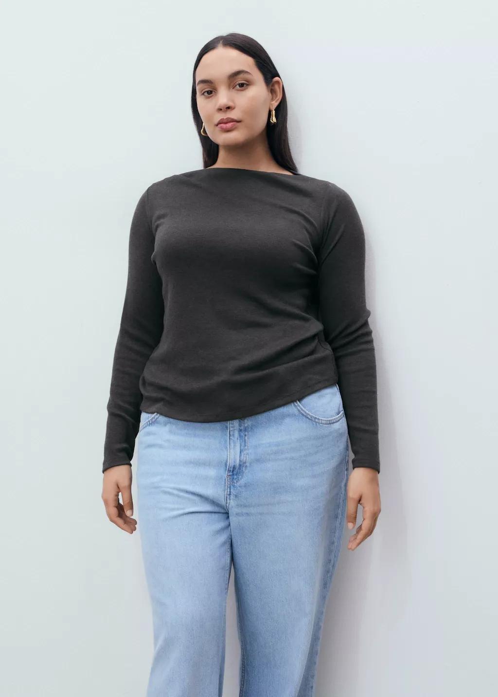 Grey Long-Sleeved Boat Neck T-Shirt, 0201_95, large image number 12