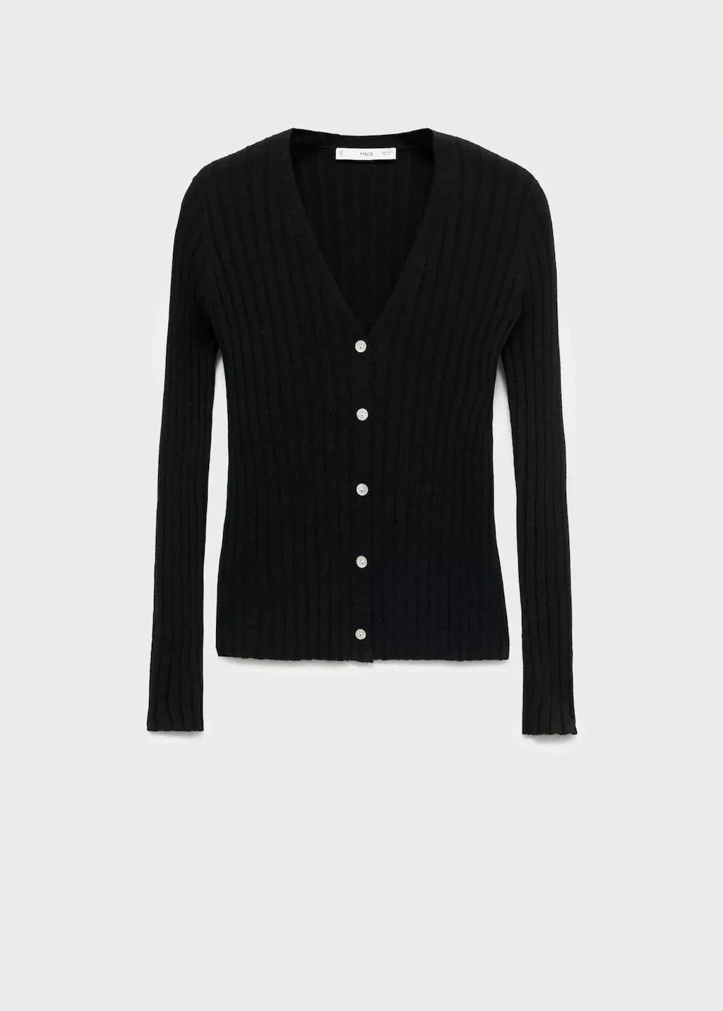 Black Fine Rib Knit Cardigan, Black, medium