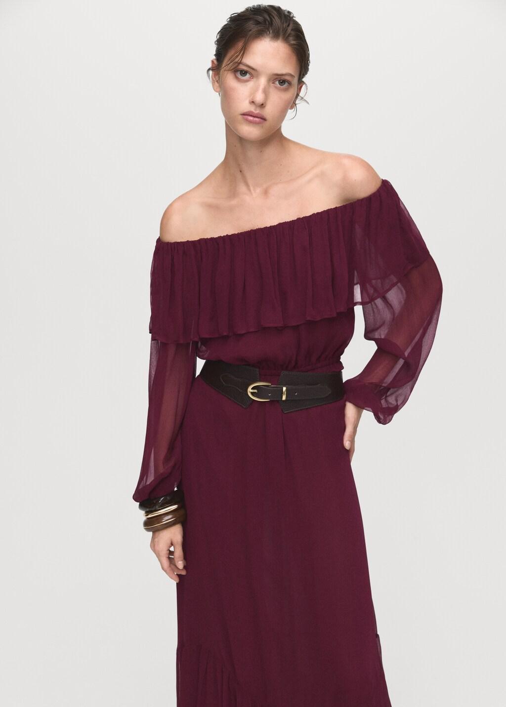 Red Strapless Dress With Ruffles, Dark Red, large image number 3