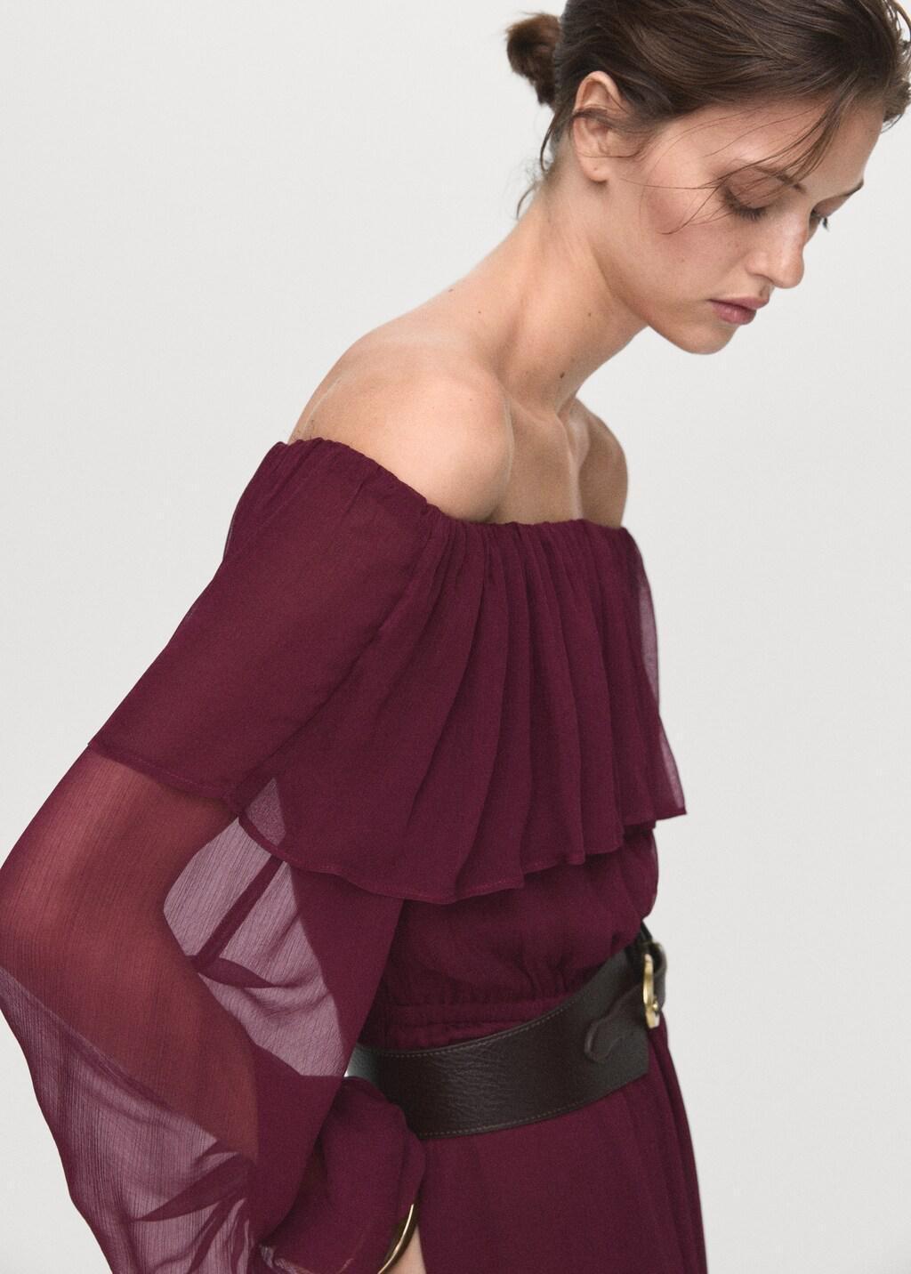 Red Strapless Dress With Ruffles, Dark Red, large image number 4