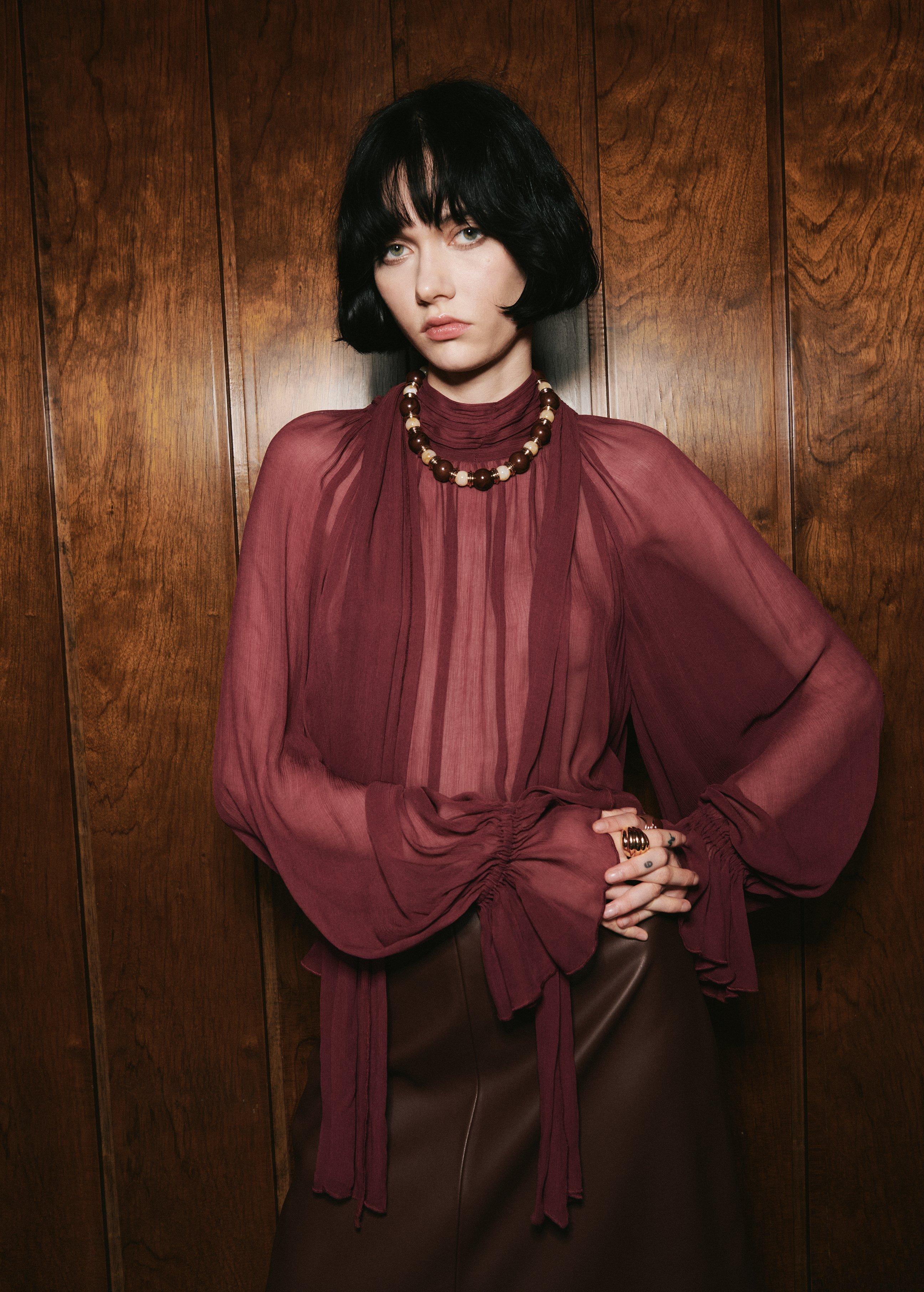 Red Semi-Transparent Blouse With Foulard, , large image number 0
