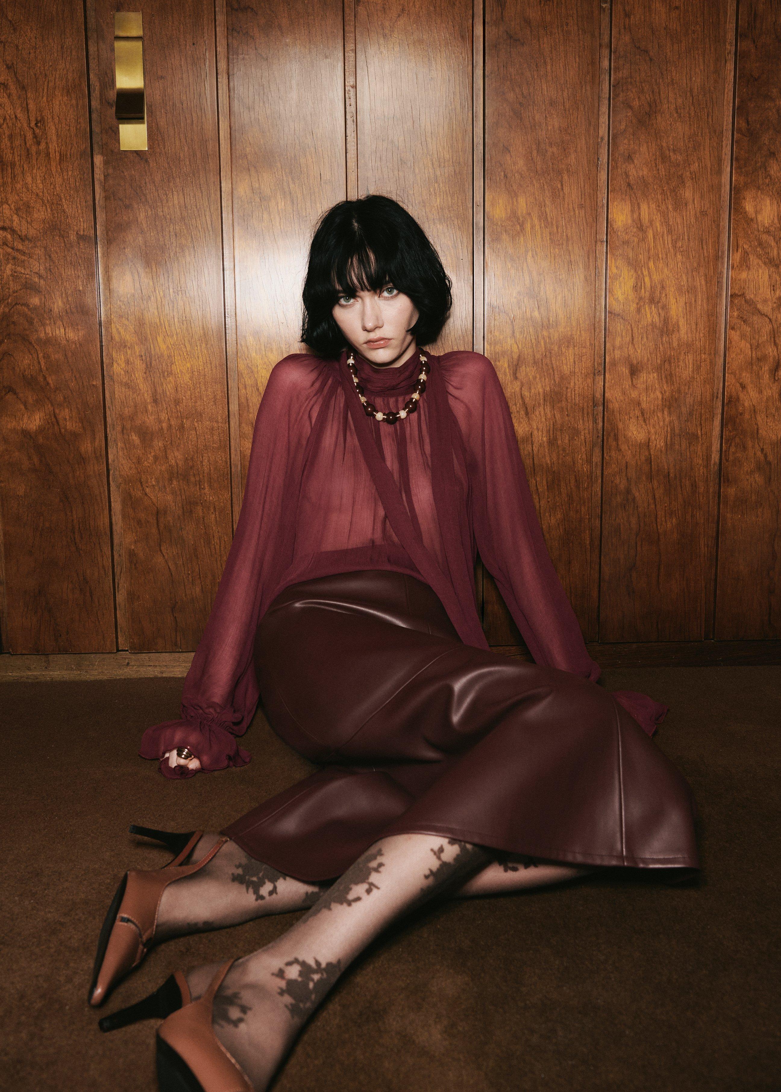 Red Semi-Transparent Blouse With Foulard, , large image number 1