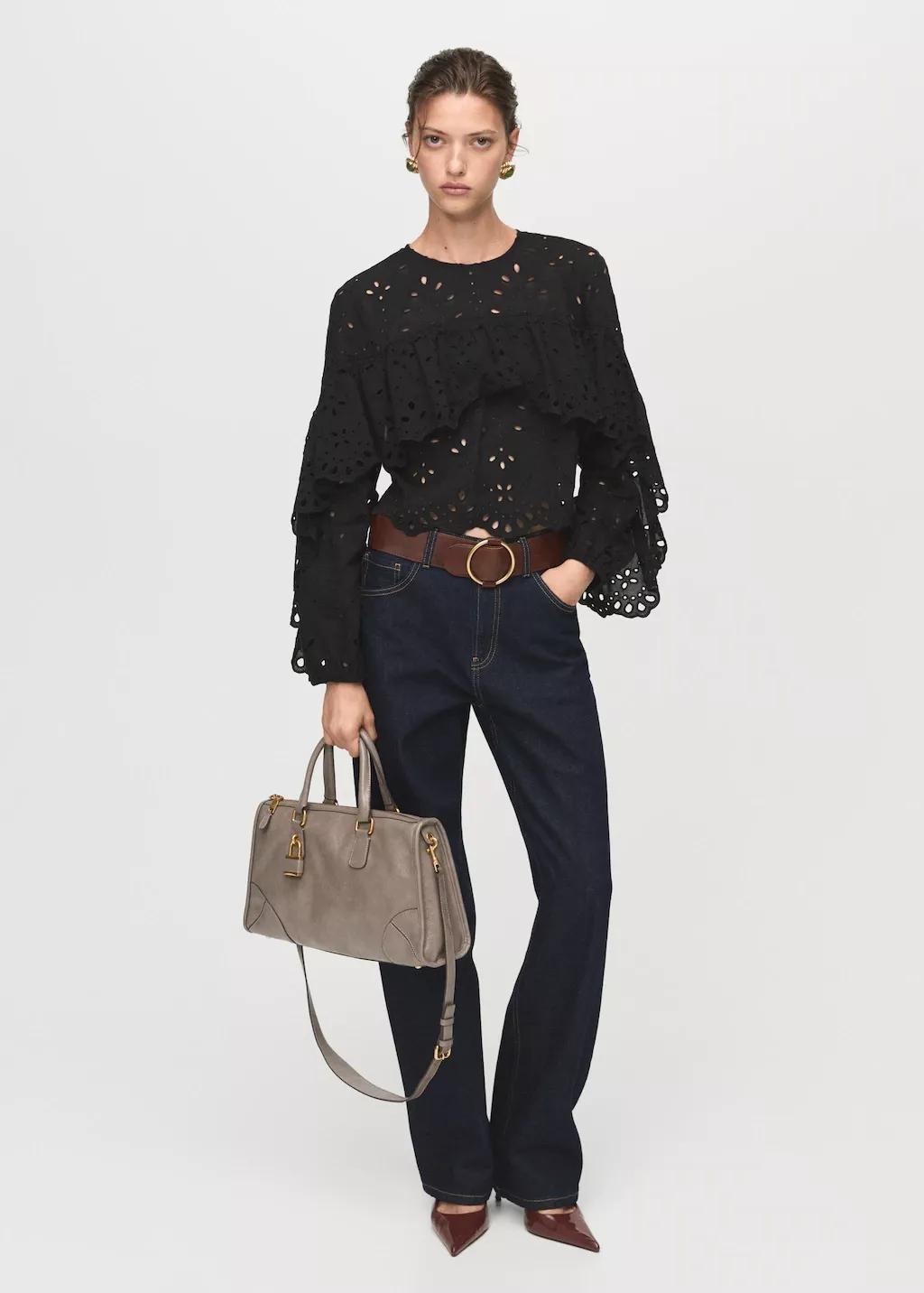 Black Blouse With Embroidered Eyelet Ruffles, , large image number 0