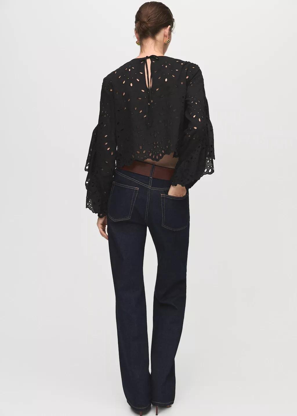 Black Blouse With Embroidered Eyelet Ruffles, , large image number 2