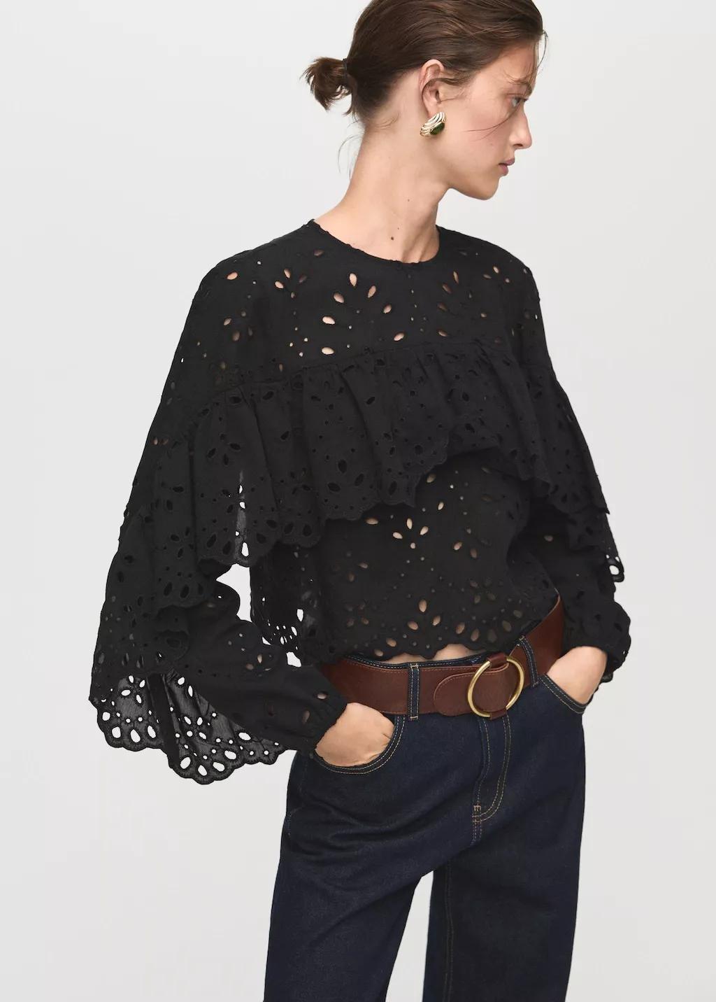 Black Blouse With Embroidered Eyelet Ruffles, , large image number 3