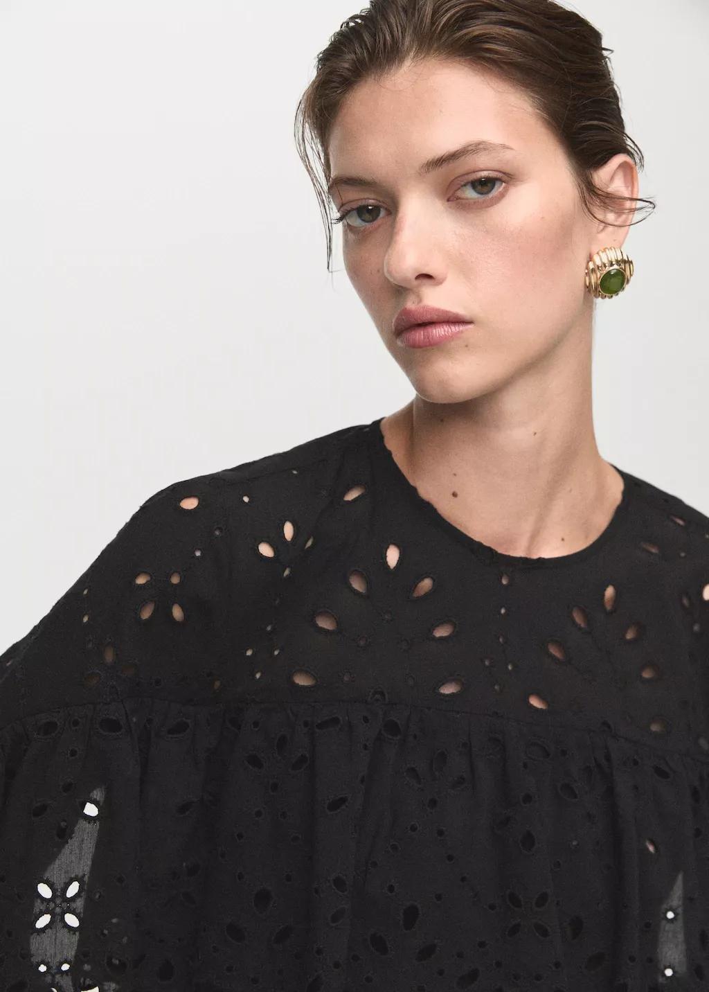 Black Blouse With Embroidered Eyelet Ruffles, , large image number 4