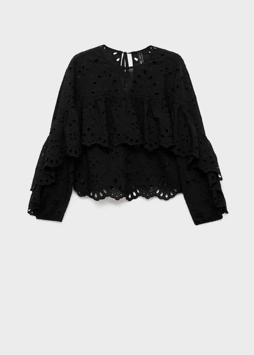 Black Blouse With Embroidered Eyelet Ruffles, , large image number 6