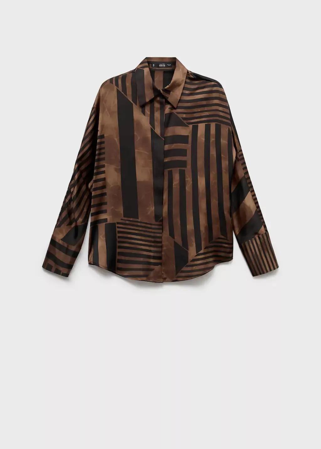 Brown Striped Satin Blouse, Brown, medium