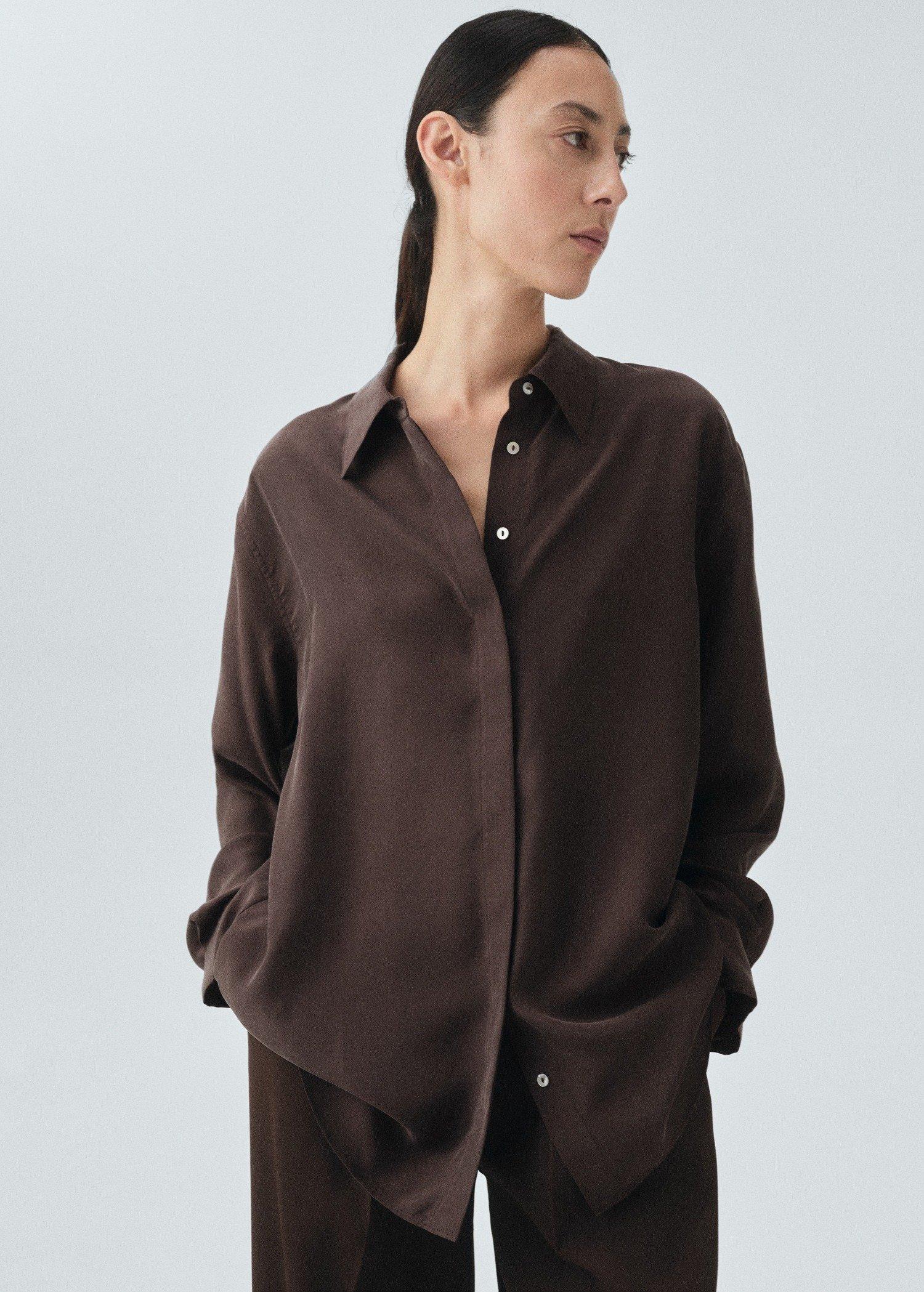Brown Silk Oversized Shirt, , large image number 0