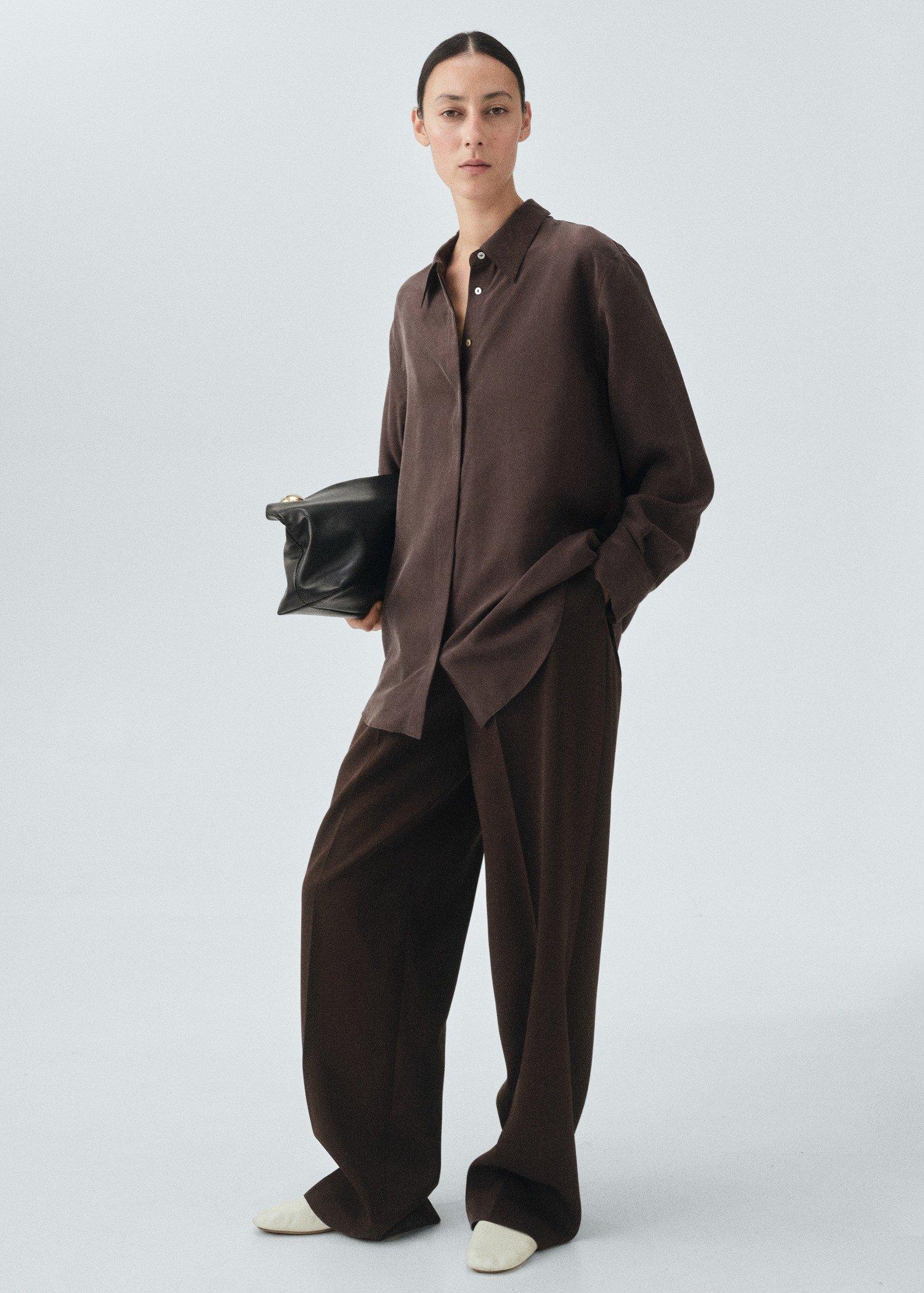 Brown Silk Oversized Shirt, , large image number 1