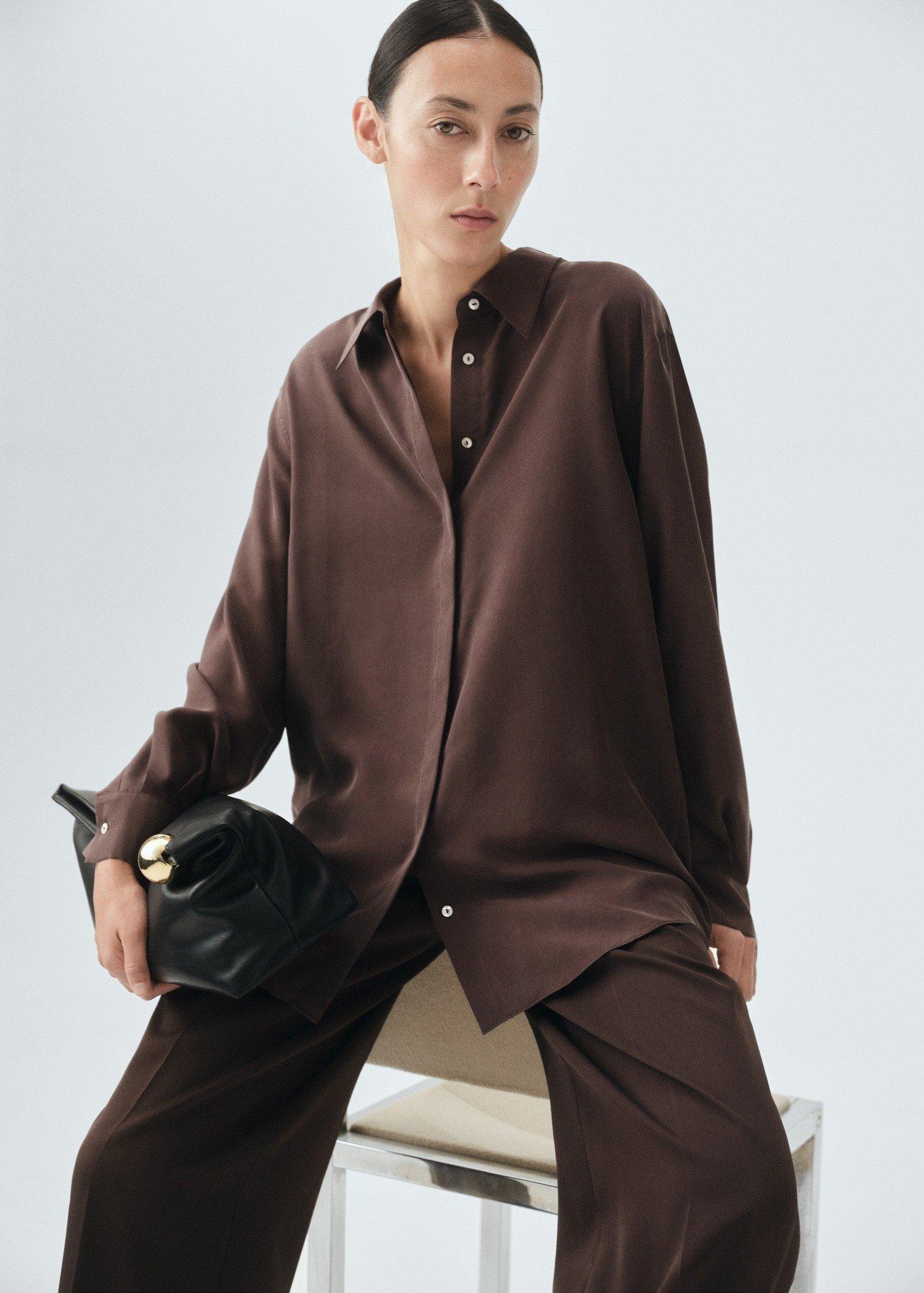 Brown Silk Oversized Shirt, Dark Brown, medium