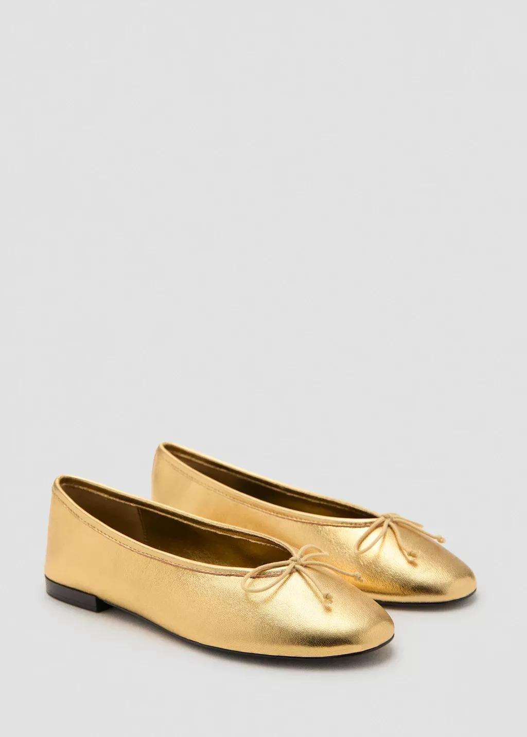 Gold Leather Ballet Flats With Bow, Gold, medium