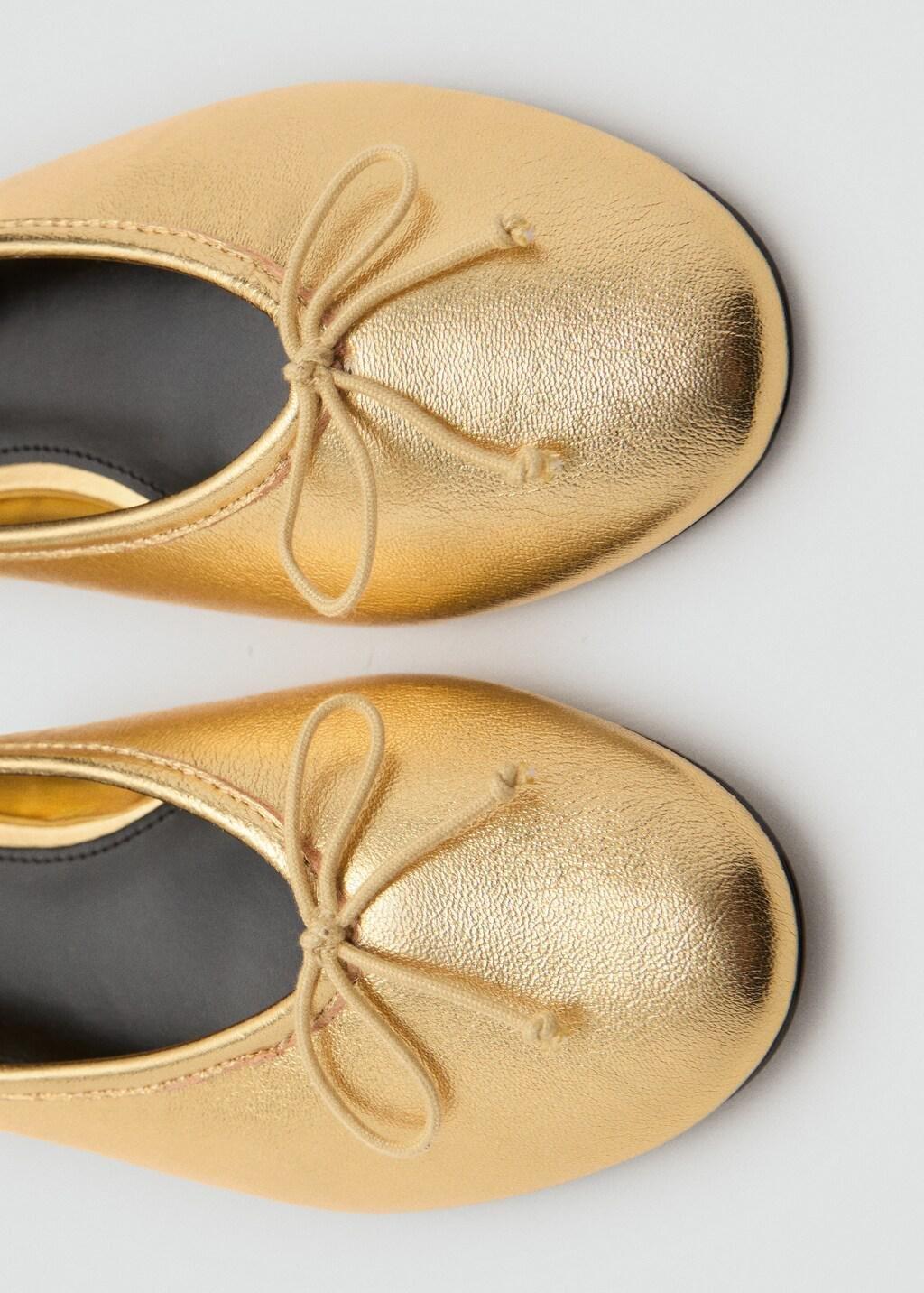 Gold Leather Ballet Flats With Bow, Gold, medium