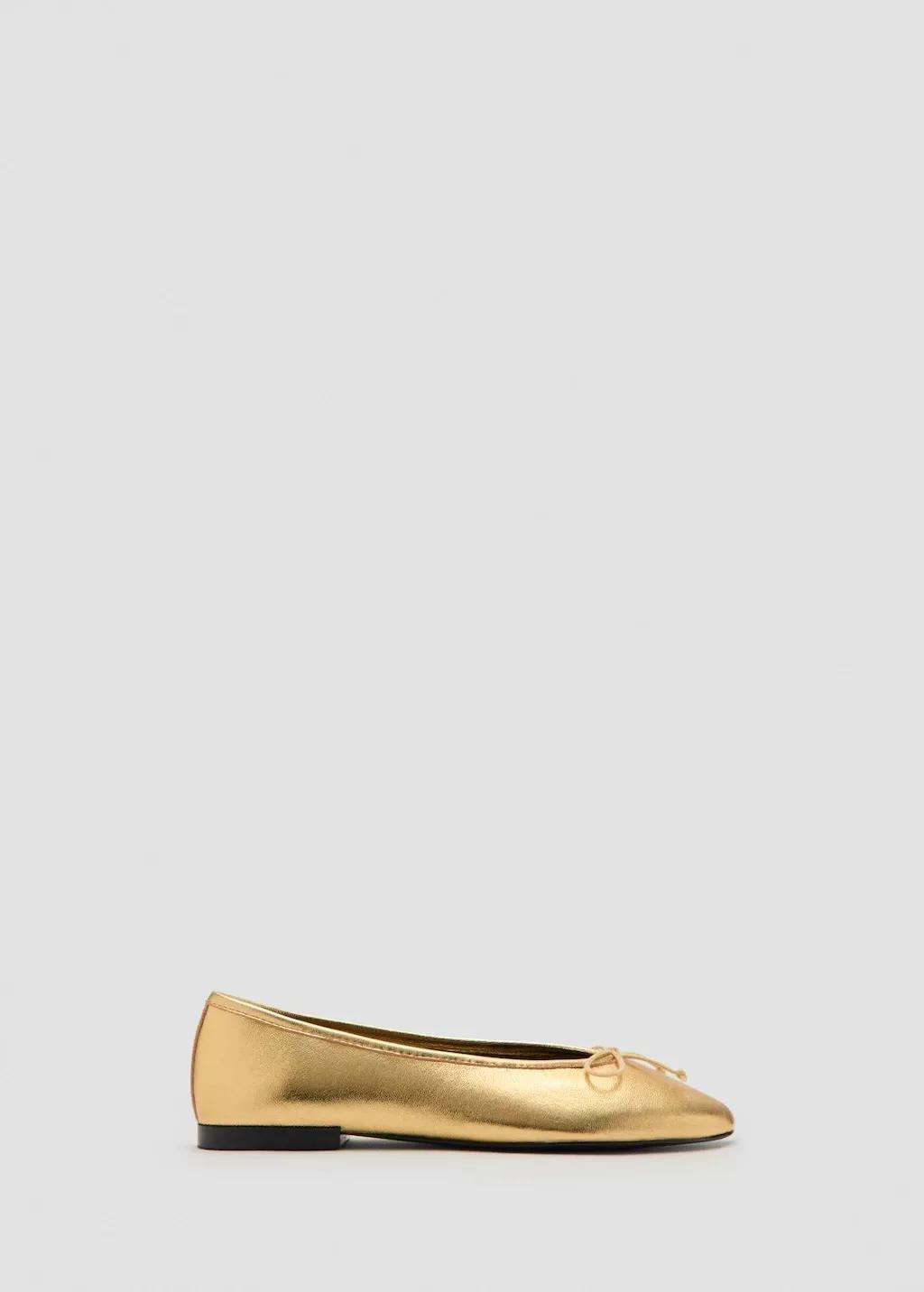 Gold Leather Ballet Flats With Bow, Gold, medium
