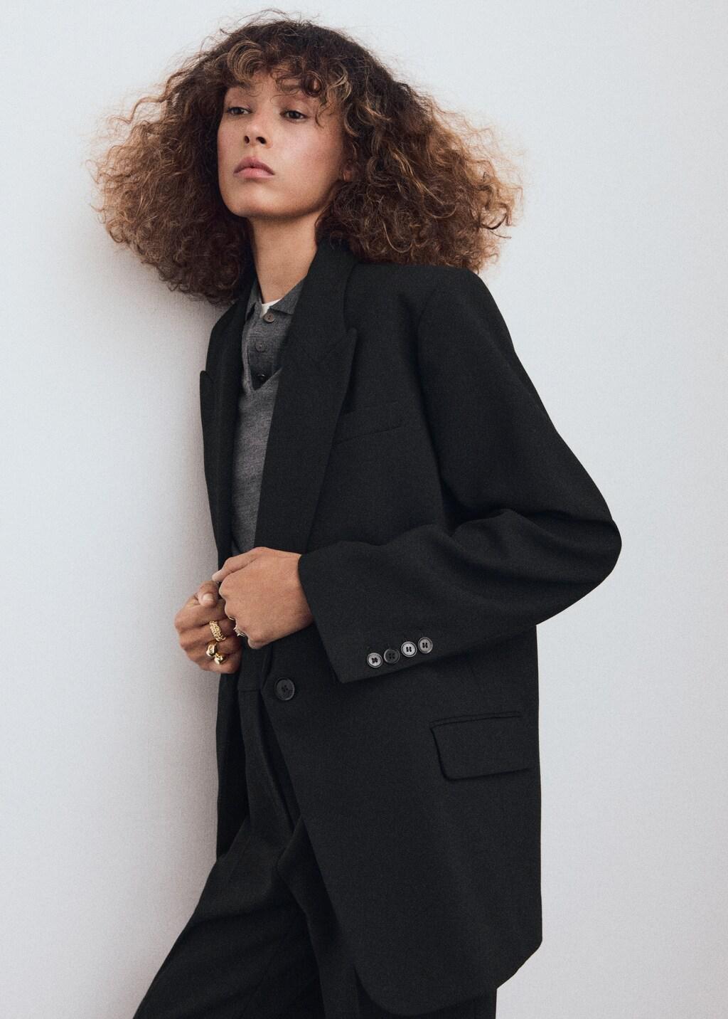 Black Suit Blazer With Flap Pockets, Black, large image number 3