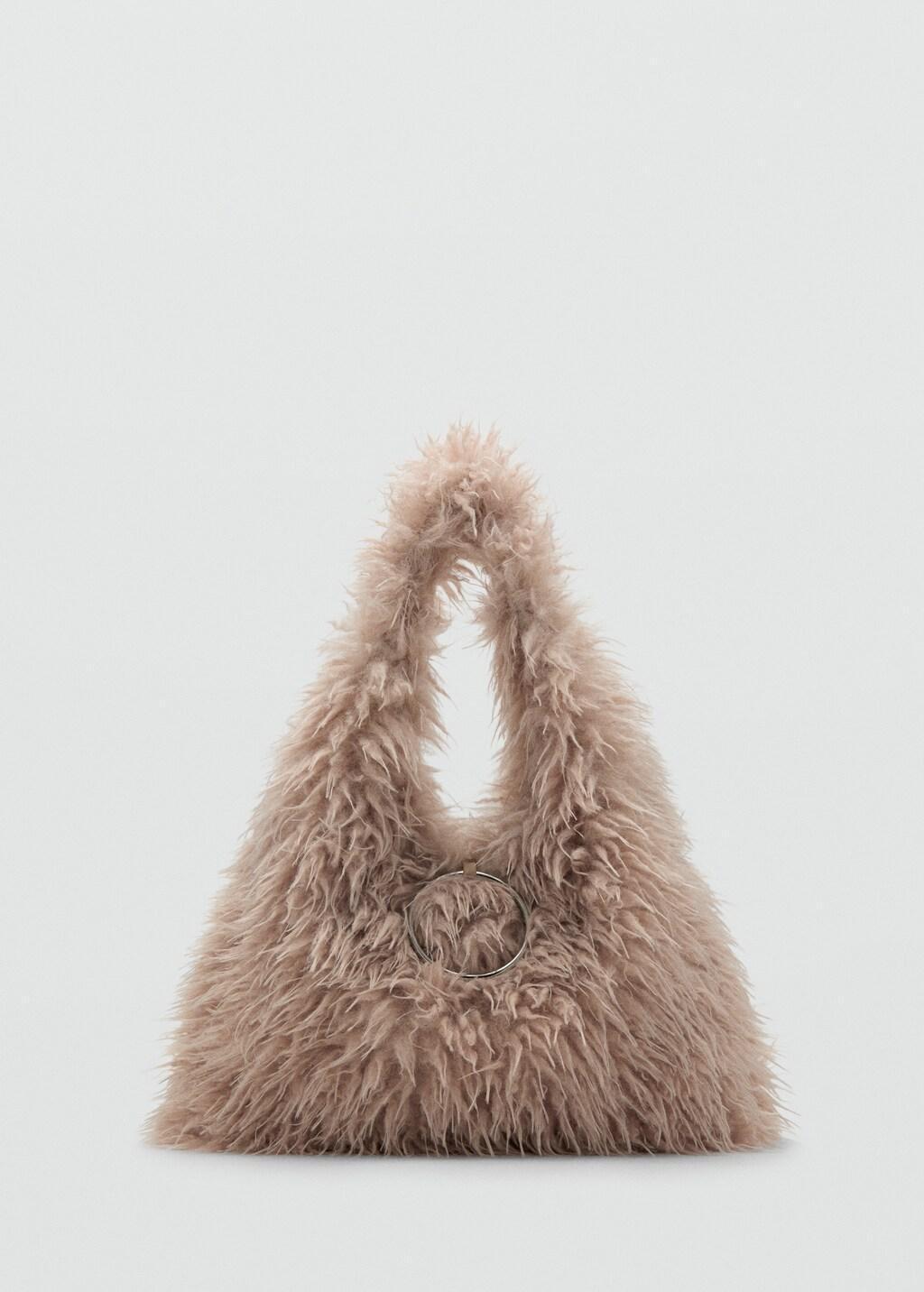 Beige Shoulder Bag With Fur And Hoop Detail, Light Beige, medium
