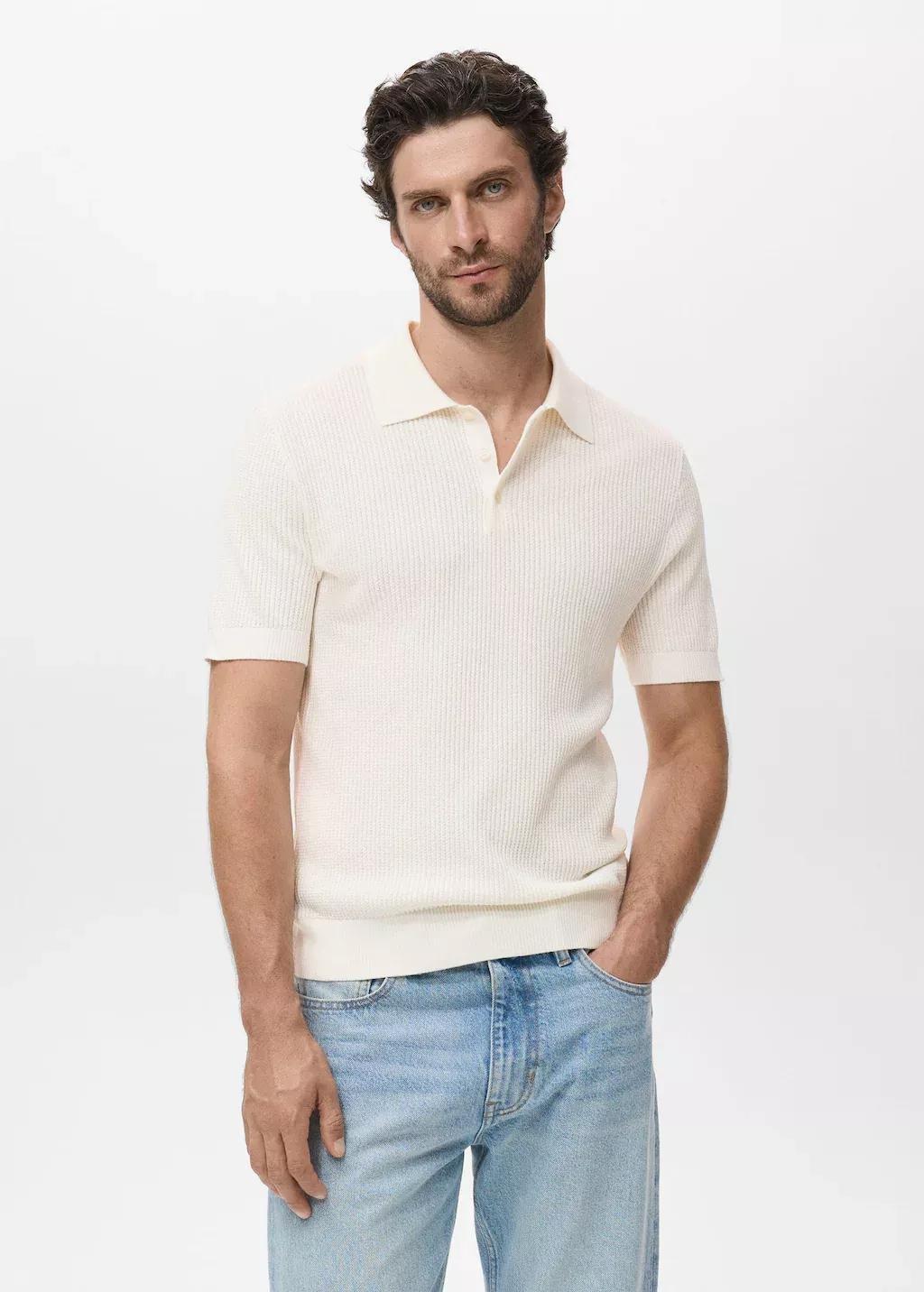 White Ribbed Knit Polo Shirt, Natural White, medium