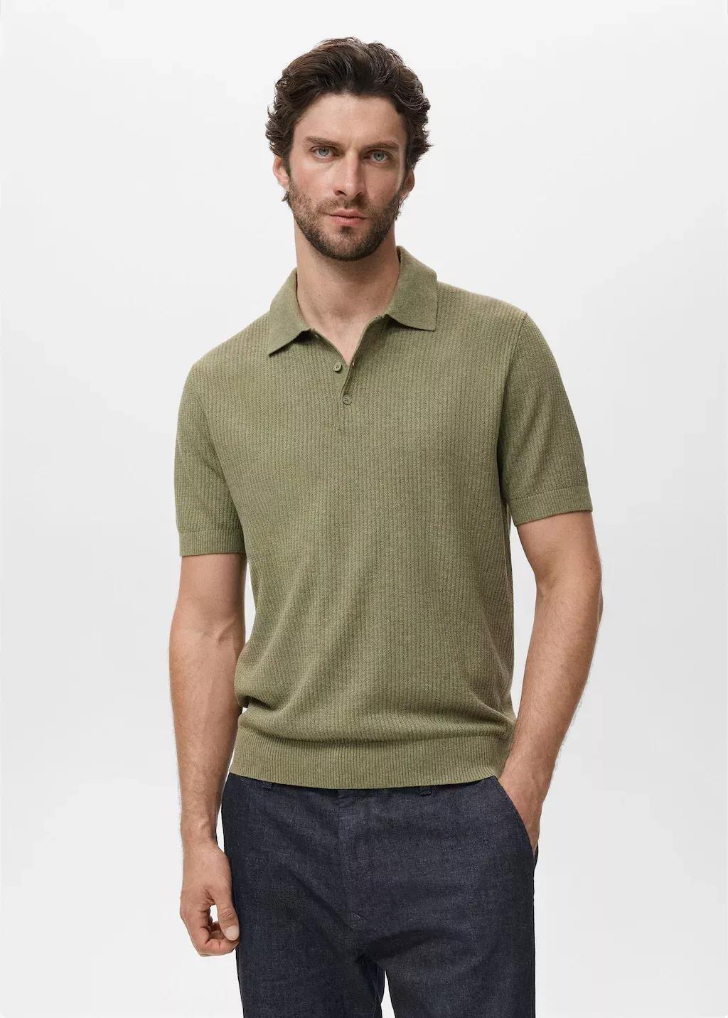 Green Ribbed Knit Polo Shirt, Dark Green, medium