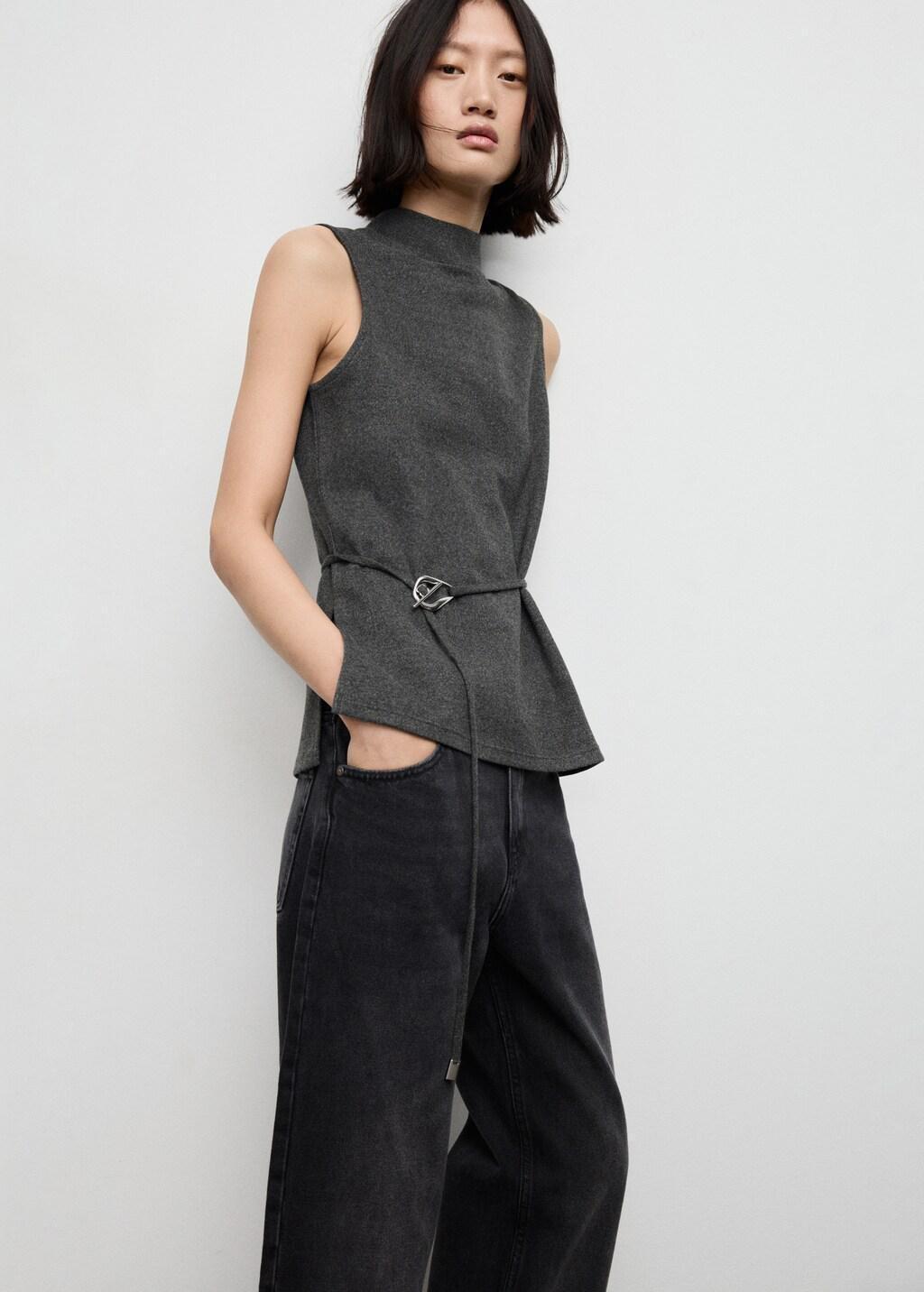Grey Turtleneck Top With Belt, Medium Grey, large image number 3