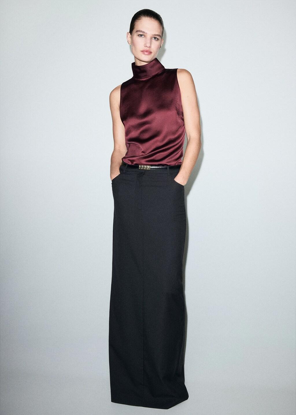 DARK RED High collar satin blouse, 0201_77, large image number 0