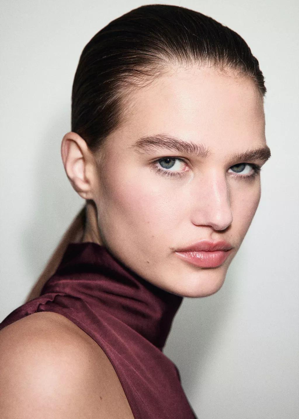 DARK RED High collar satin blouse, 0201_77, large image number 4