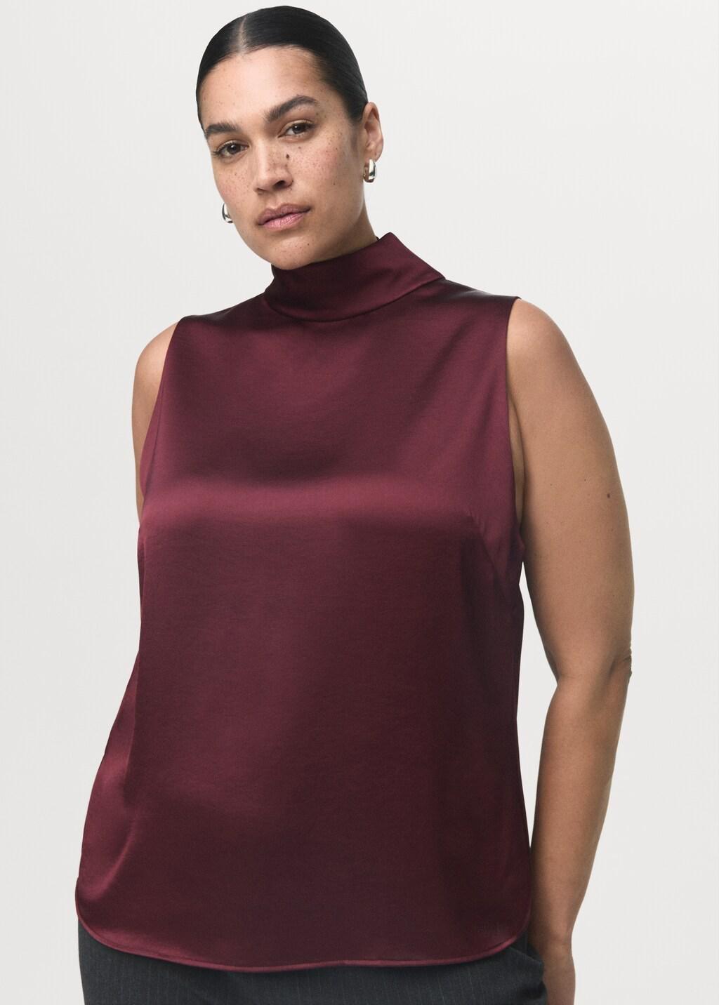 DARK RED High collar satin blouse, 0201_77, large image number 6