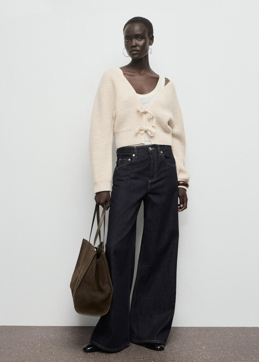 Beige V-Neck Cardigan With Bows, 0201_08, large image number 0