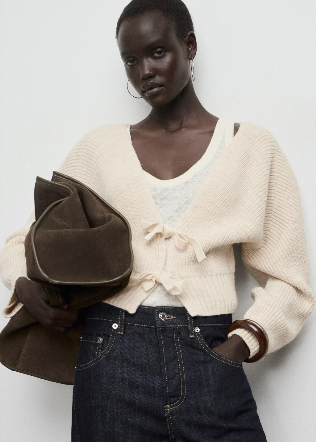 Beige V-Neck Cardigan With Bows, 0201_08, large image number 3