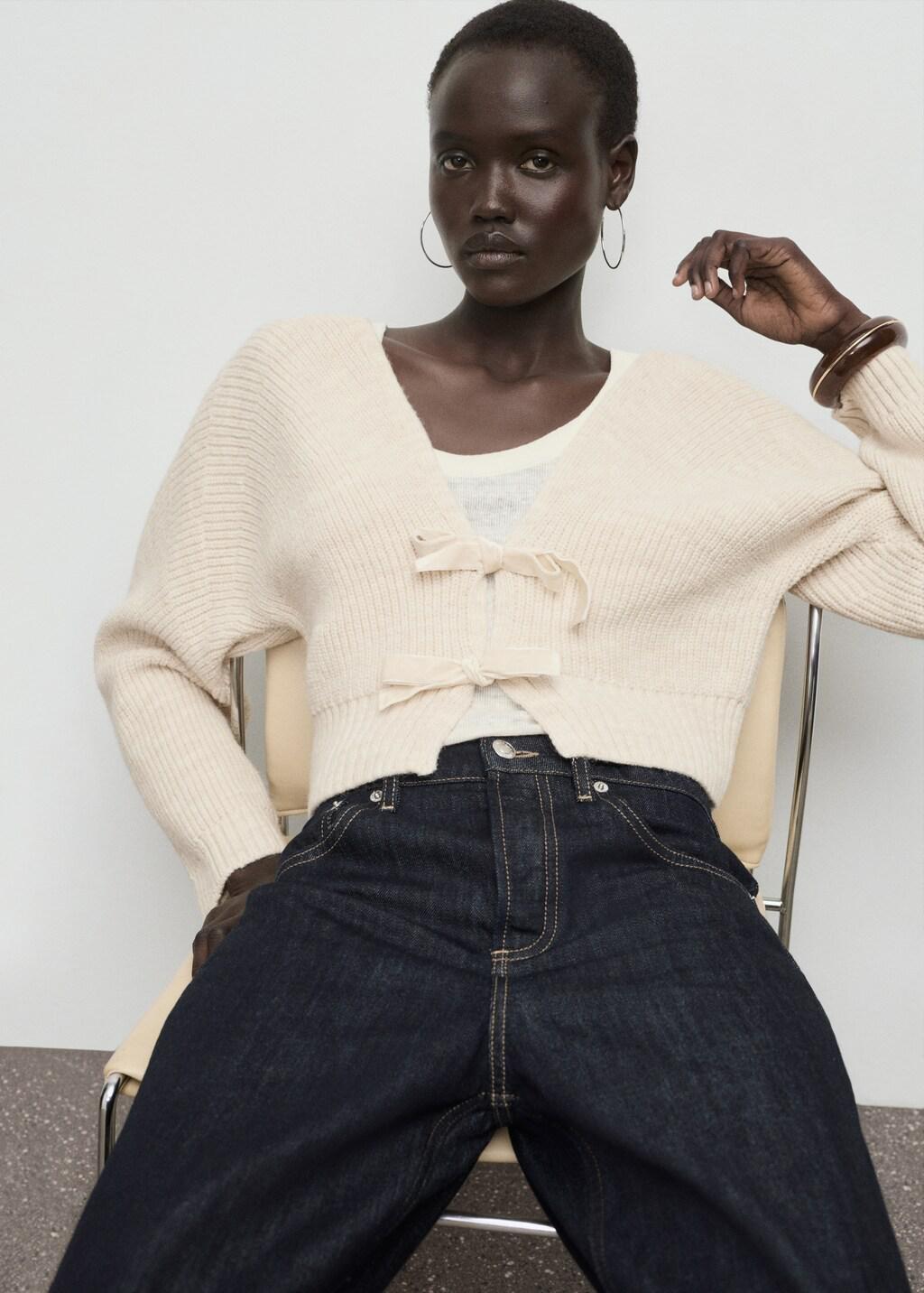 Beige V-Neck Cardigan With Bows, 0201_08, large image number 6