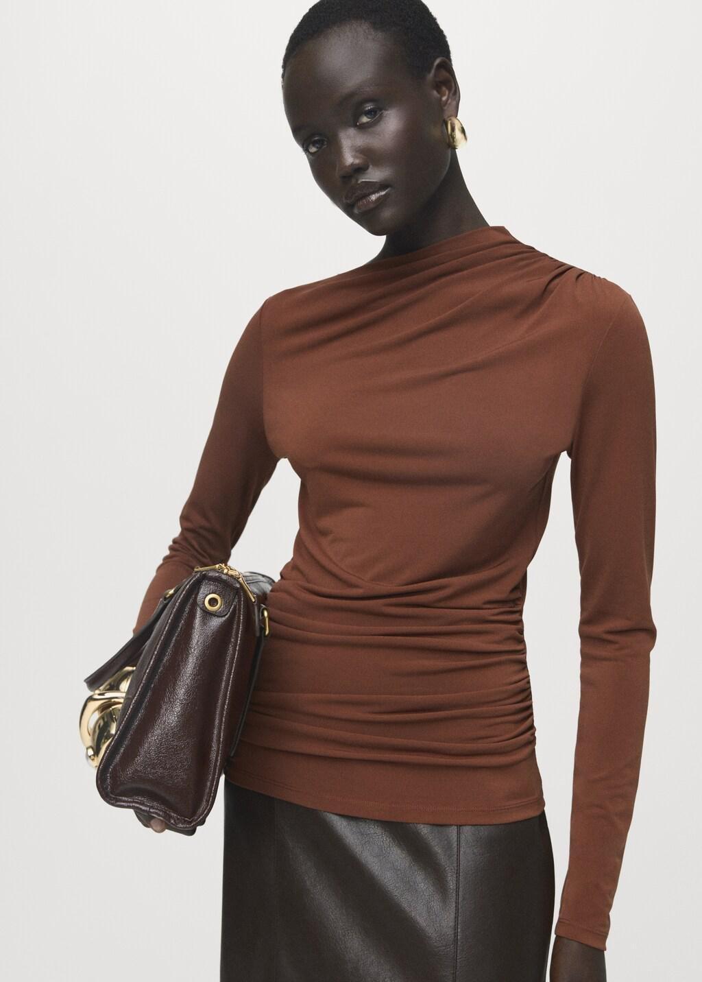 Brown Draped Fitted T-Shirt, Brown, large image number 3