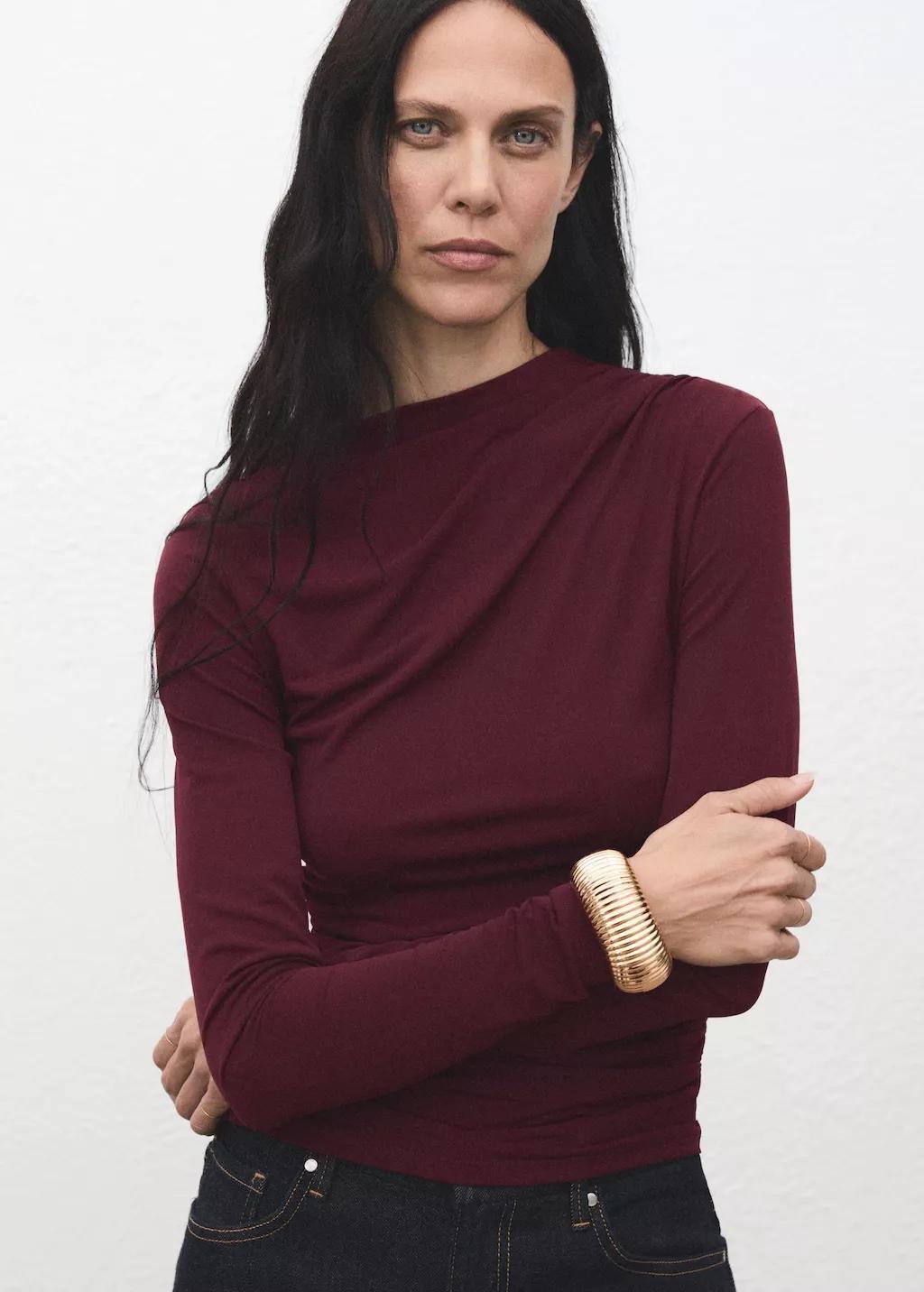 Red Draped Fitted T-Shirt, 0201_78, large image number 3