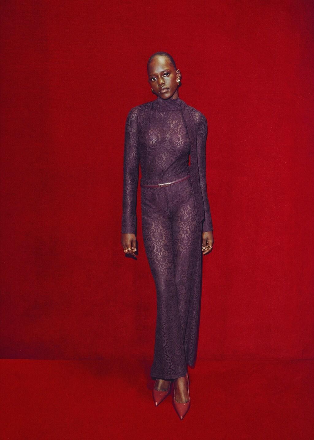 Red Lace Shirt With Scarf, Dark Red, large image number 0