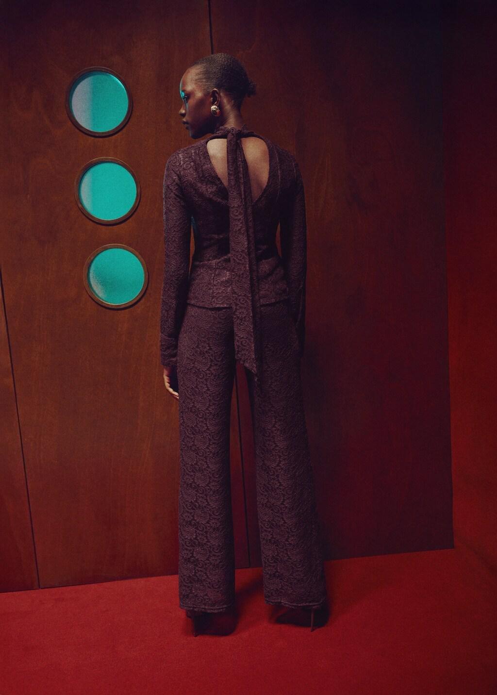 Red Lace Shirt With Scarf, Dark Red, large image number 2