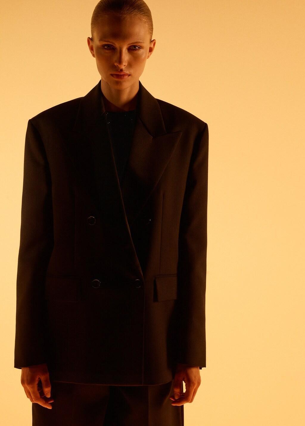 Black Wool-Blend Suit Jacket With Lapels, Black, large image number 3