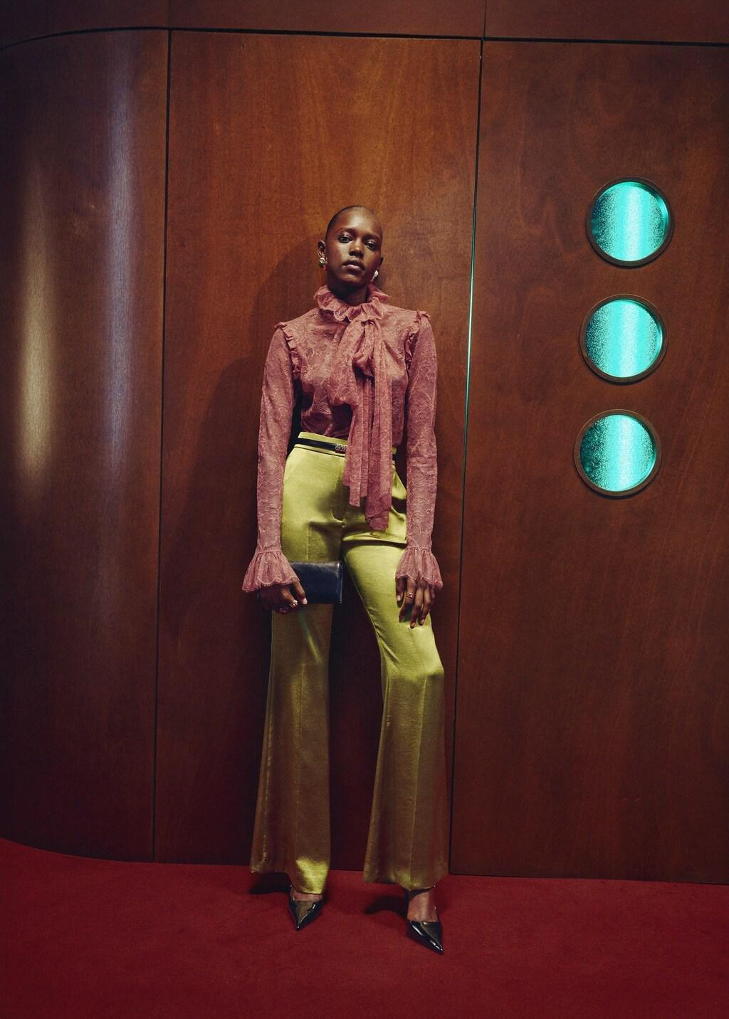 Yellow Satin Straight-Fit Trousers, Yellow, medium