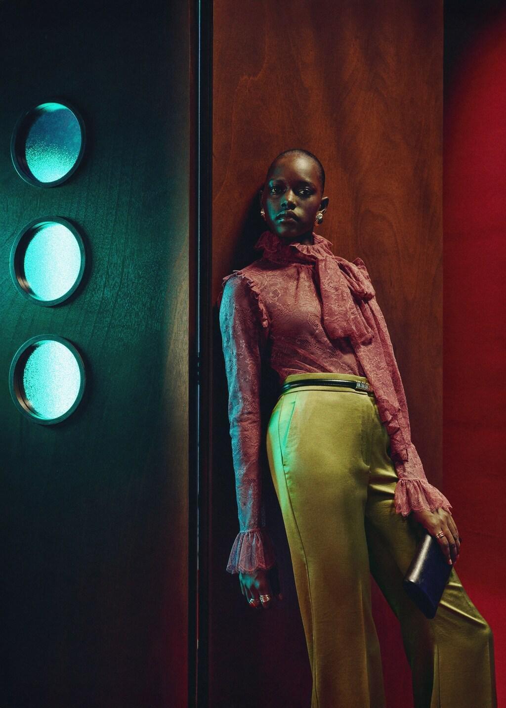 Yellow Satin Straight-Fit Trousers, Yellow, large image number 3