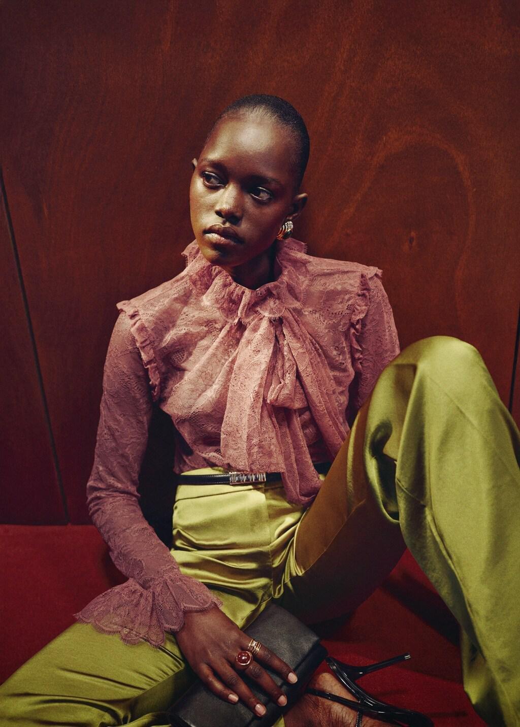 Yellow Satin Straight-Fit Trousers, Yellow, large image number 4